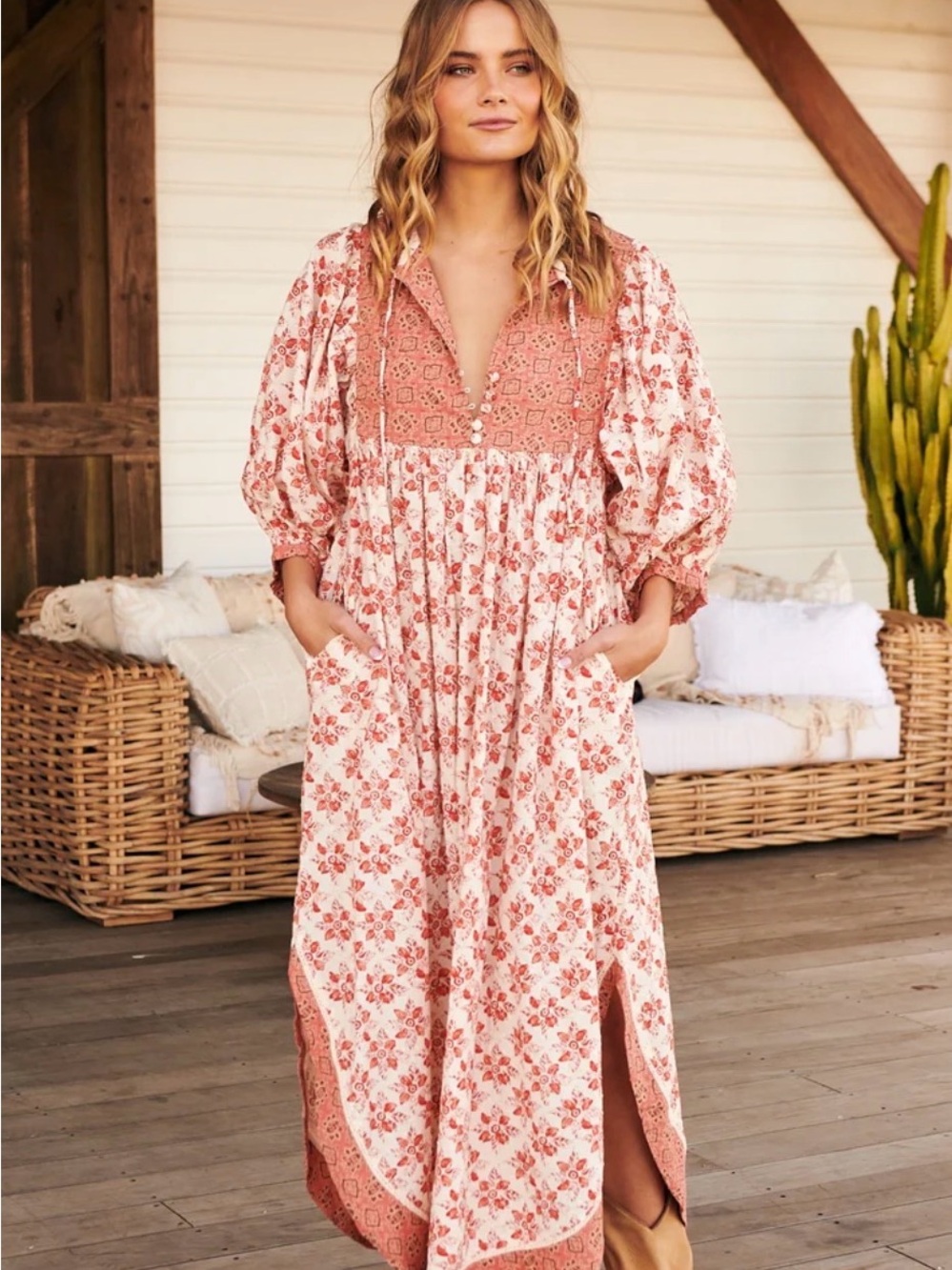 Free People Floral Maxi Dress in Dusty Rose and Cream